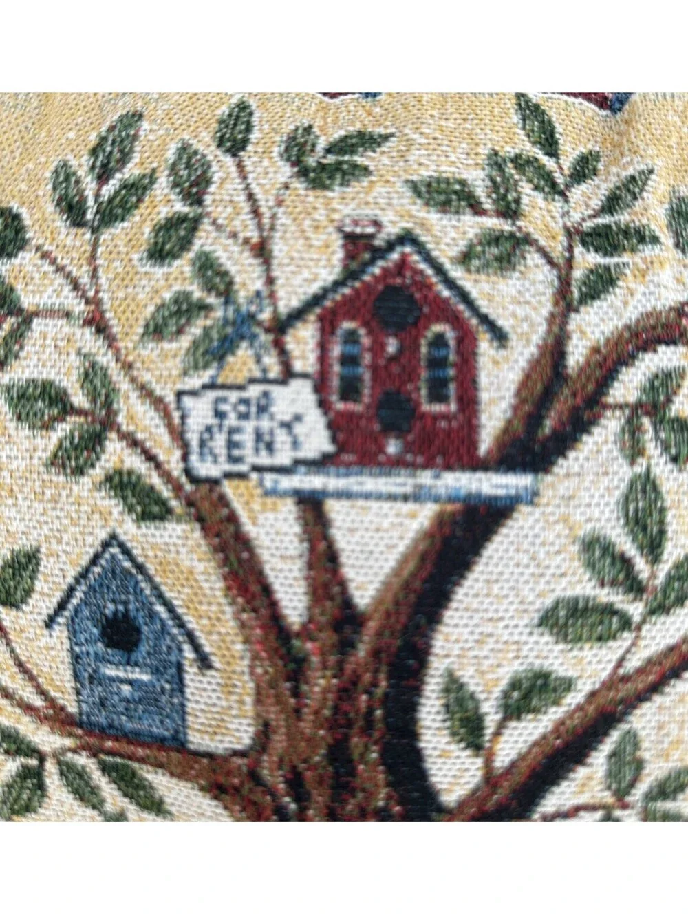 Vintage Birdhouse Tree Tapestry Throw Pillow Cottage Farmhouse Floral Decor